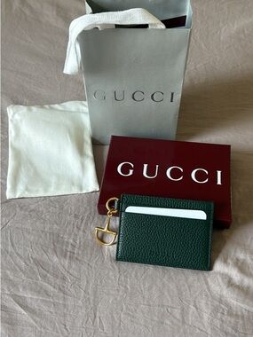 Gucci Dark Green Leather Card Case with Gold Hook